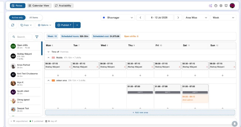 Alphanomic weekly rota scheduling dashboard