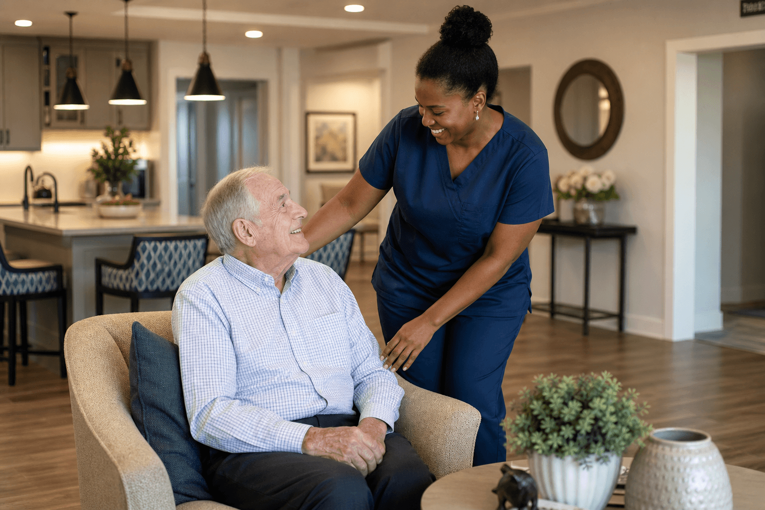 Staff helping a senior resident in a modern assisted living community
