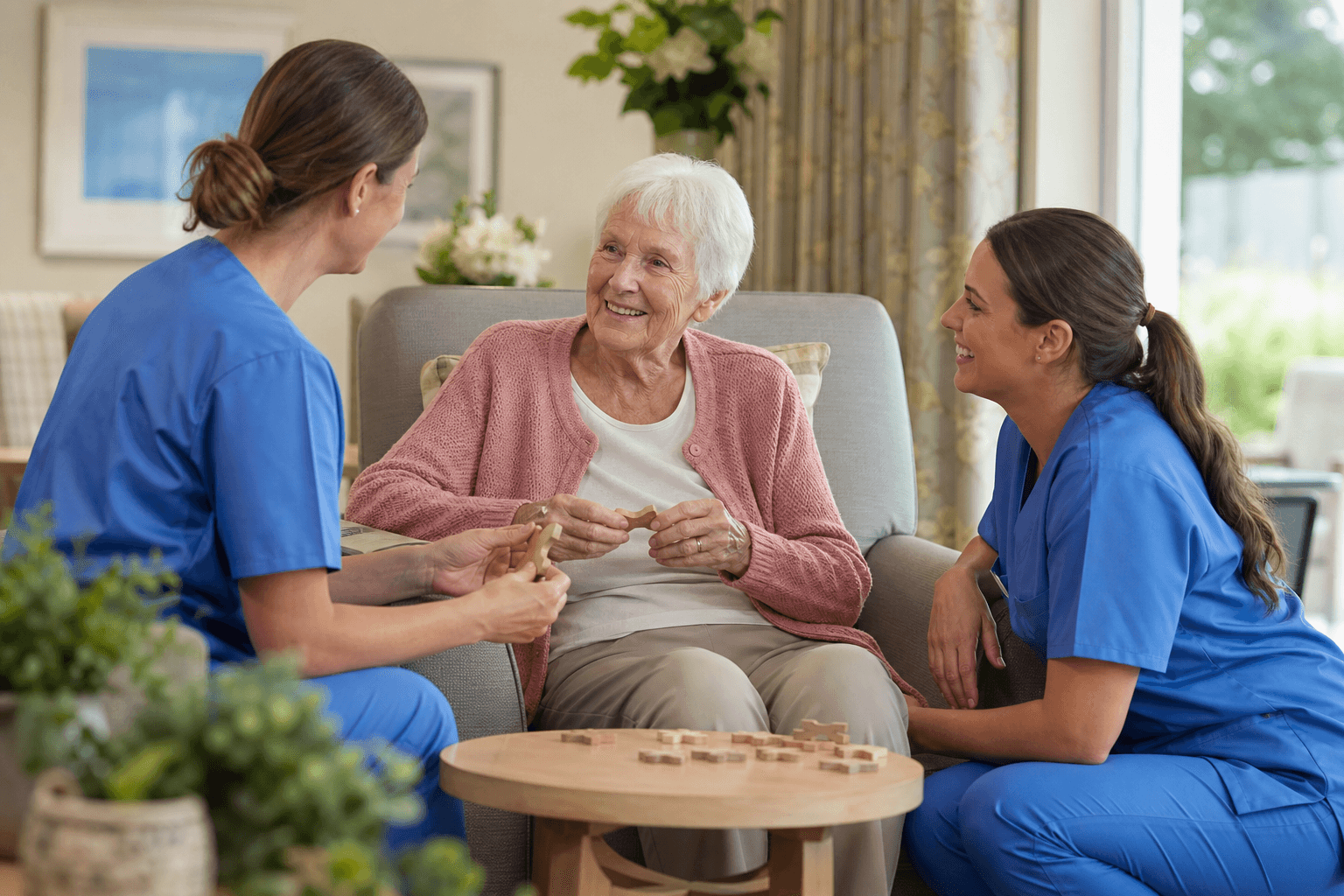Carers engaging with a resident in a dementia care facility memory lounge
