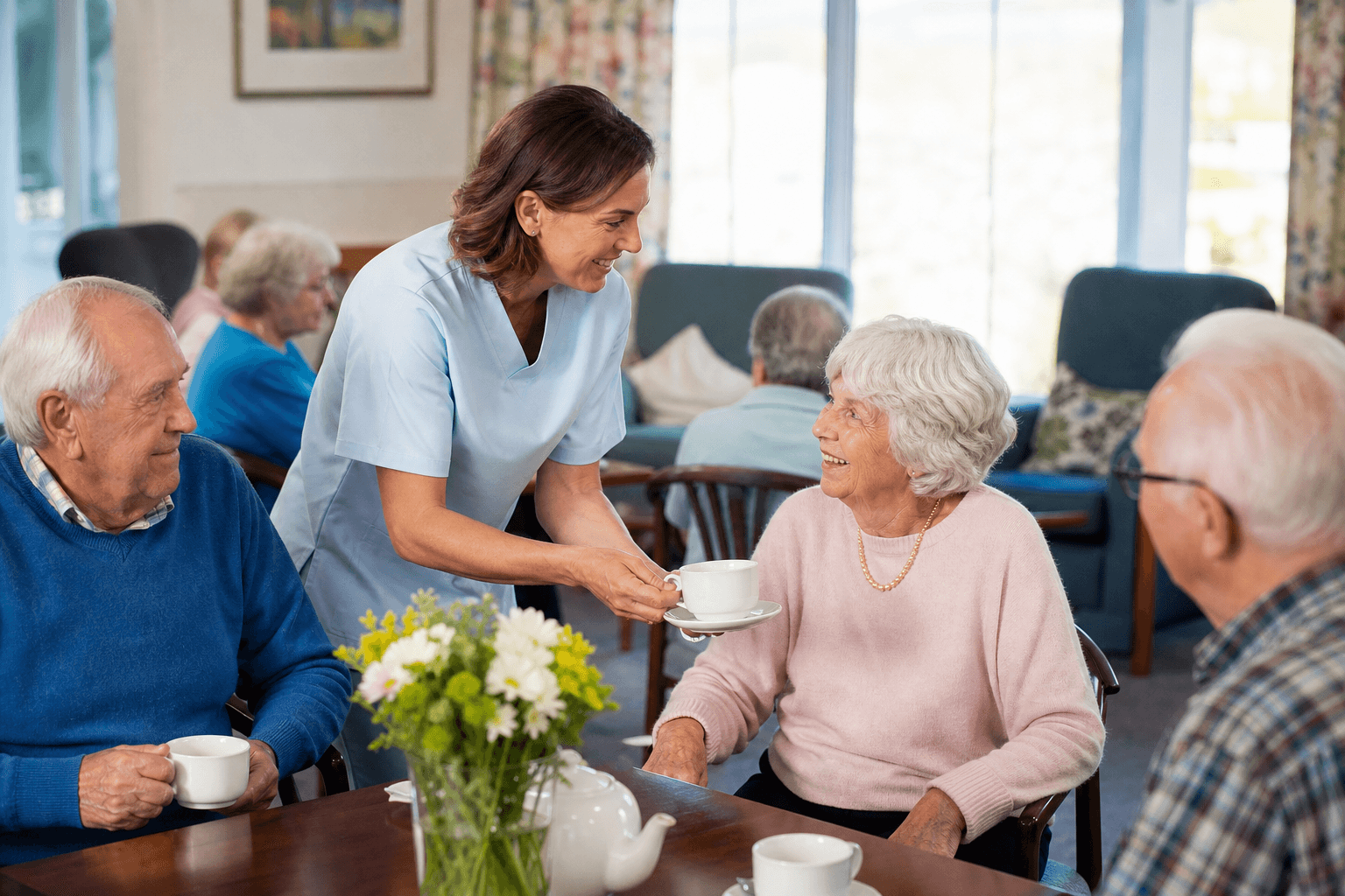 Carers serving tea and chatting with seniors in an elderly day care centre
