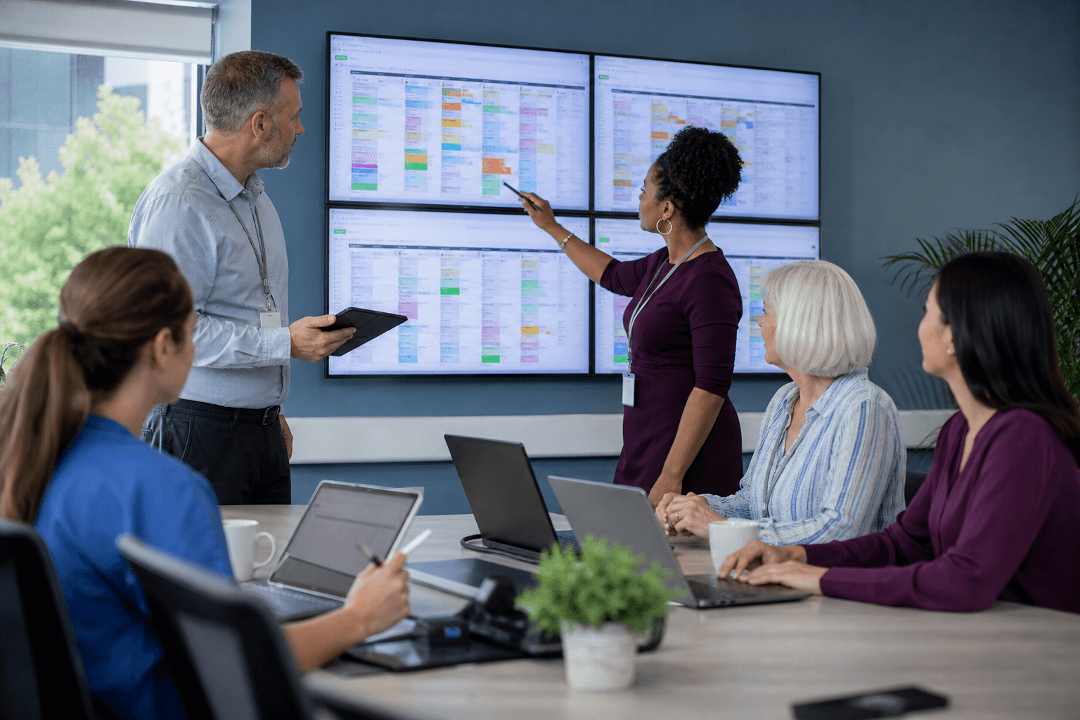 Healthcare group managers reviewing care workforce schedules across multiple homes
