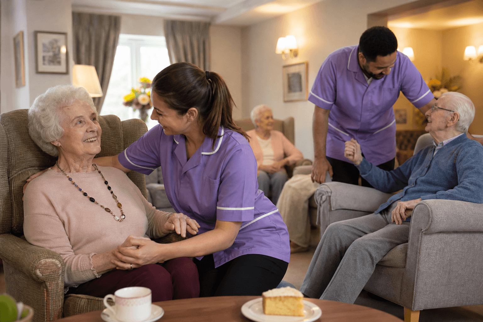 Care home staff supporting residents at a residential care home in London