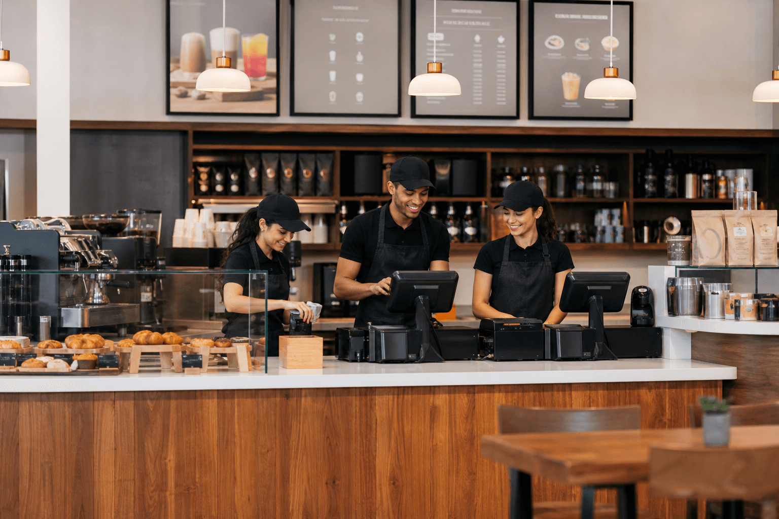 Coffee shop chain baristas in matching uniforms behind a franchise counter