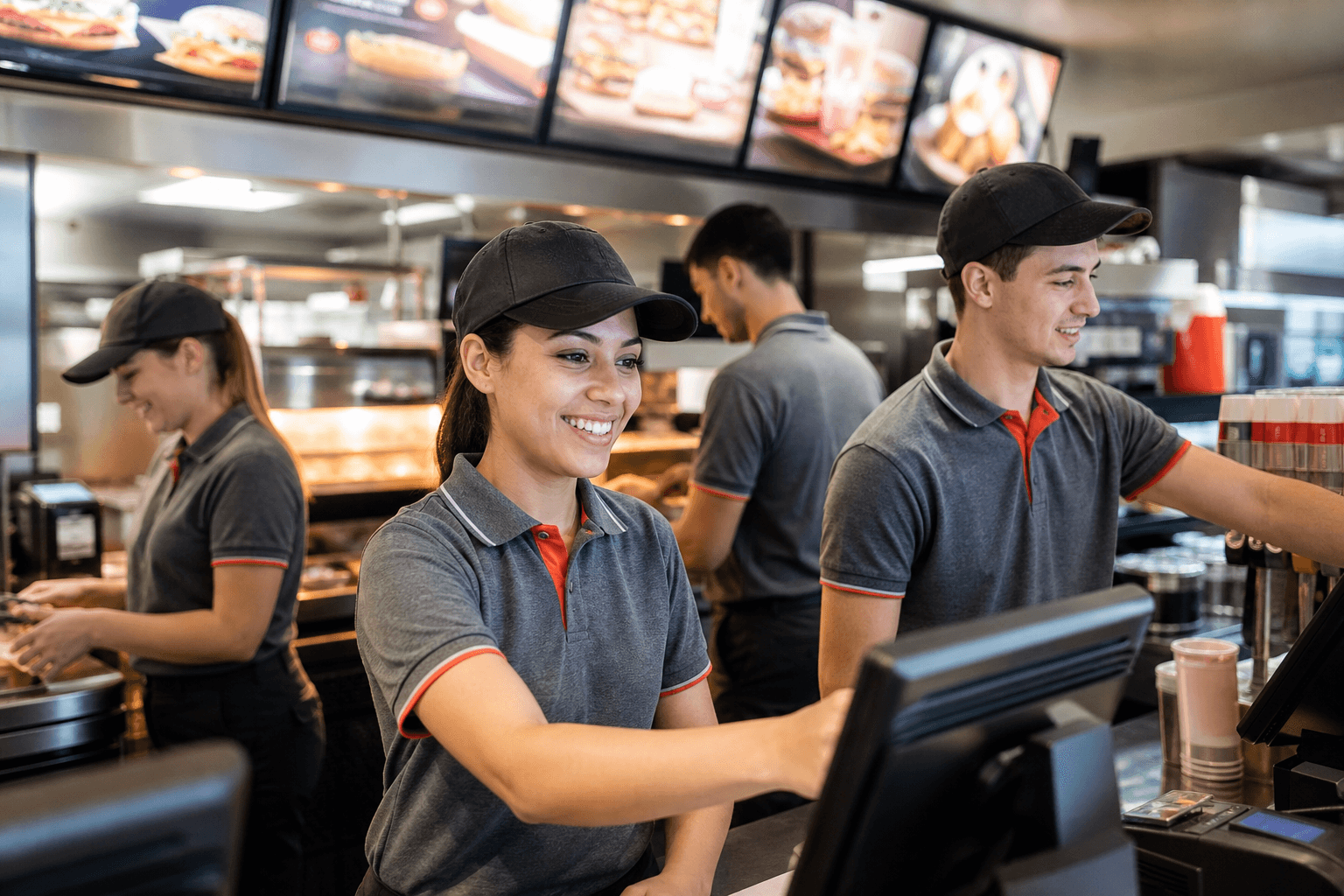 Fast food chain franchise team working behind a busy service counter