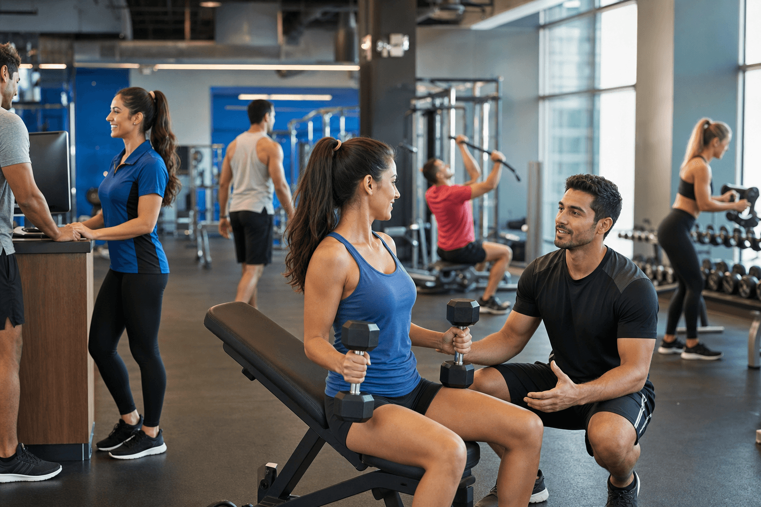Fitness franchise trainers helping members in a modern gym
