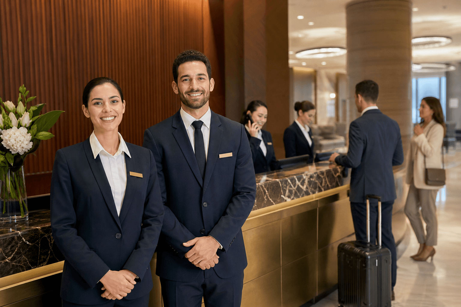 Hotel group franchise staff at reception in an upscale hotel lobby