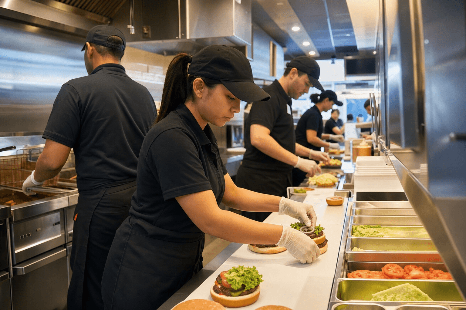 Restaurant franchise staff team working in a branded franchise kitchen