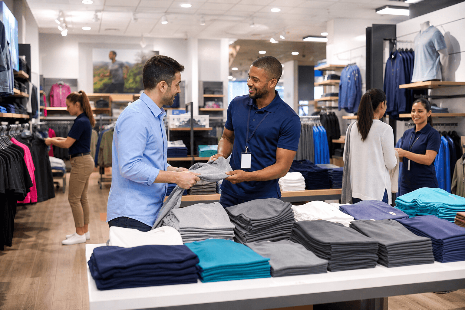Retail franchise staff helping customers on a branded shop floor