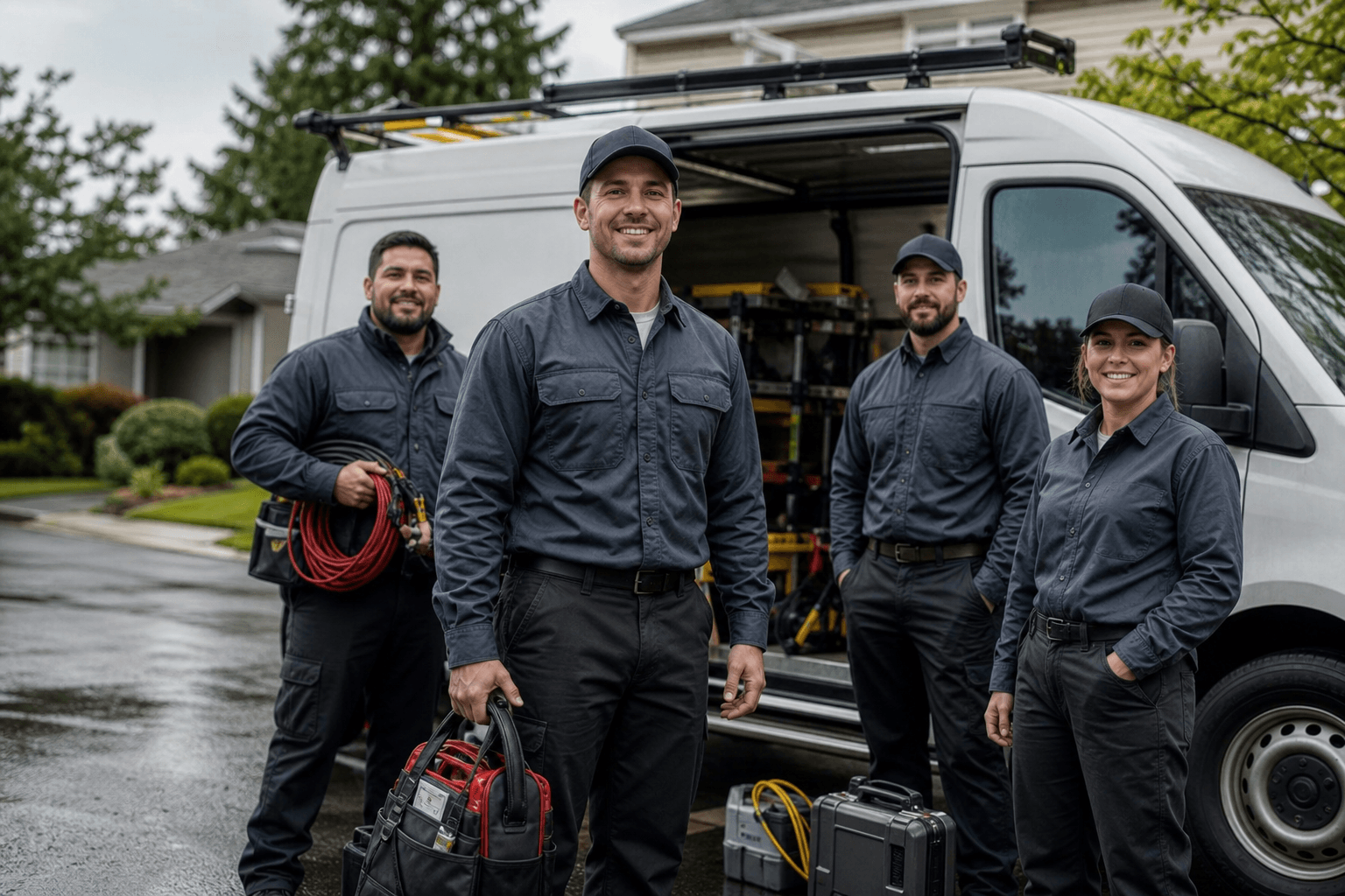 Service-based franchise field team in branded uniforms with equipment