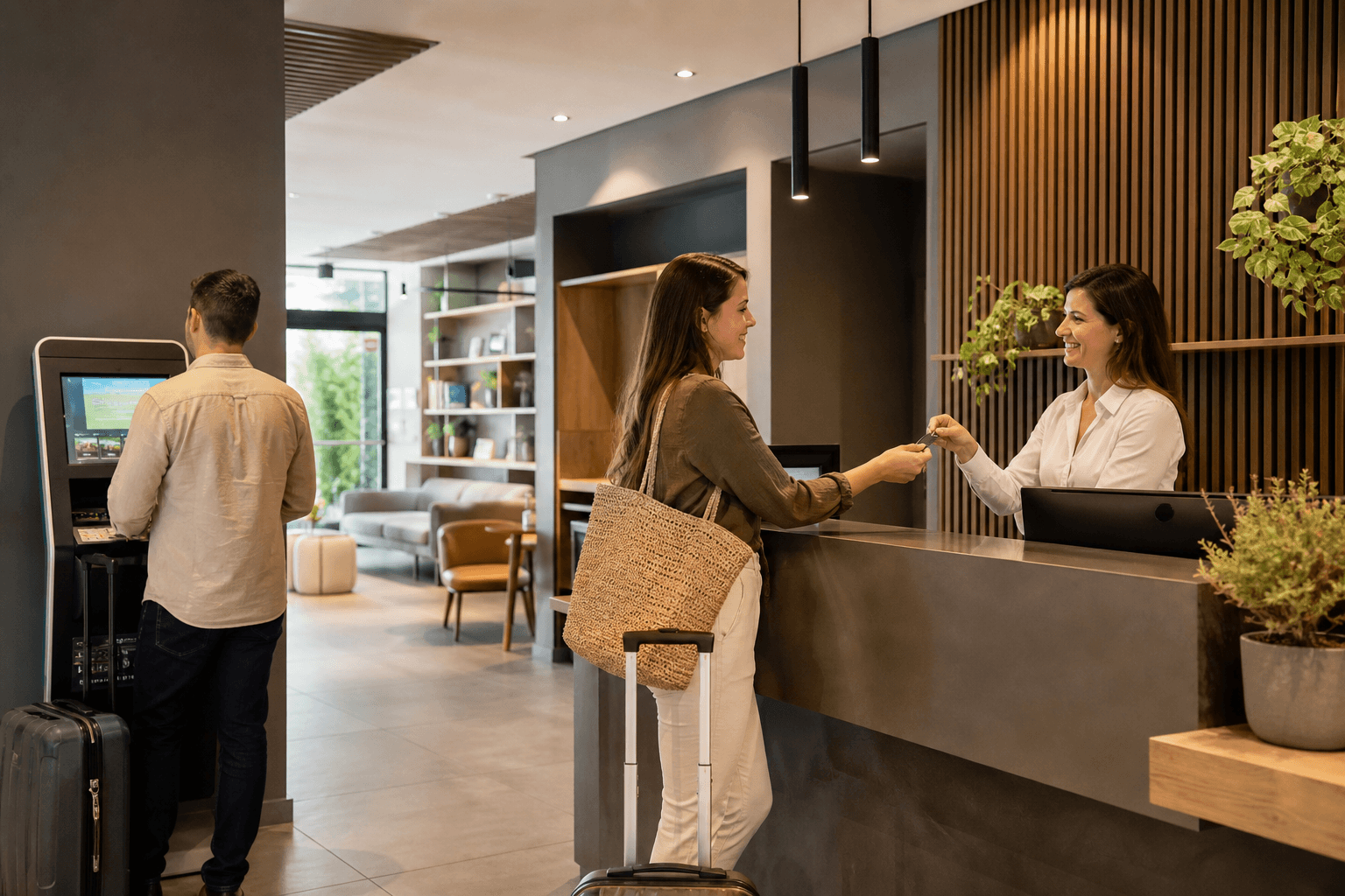 Aparthotel staff assisting a guest at a modern apartment-hotel reception