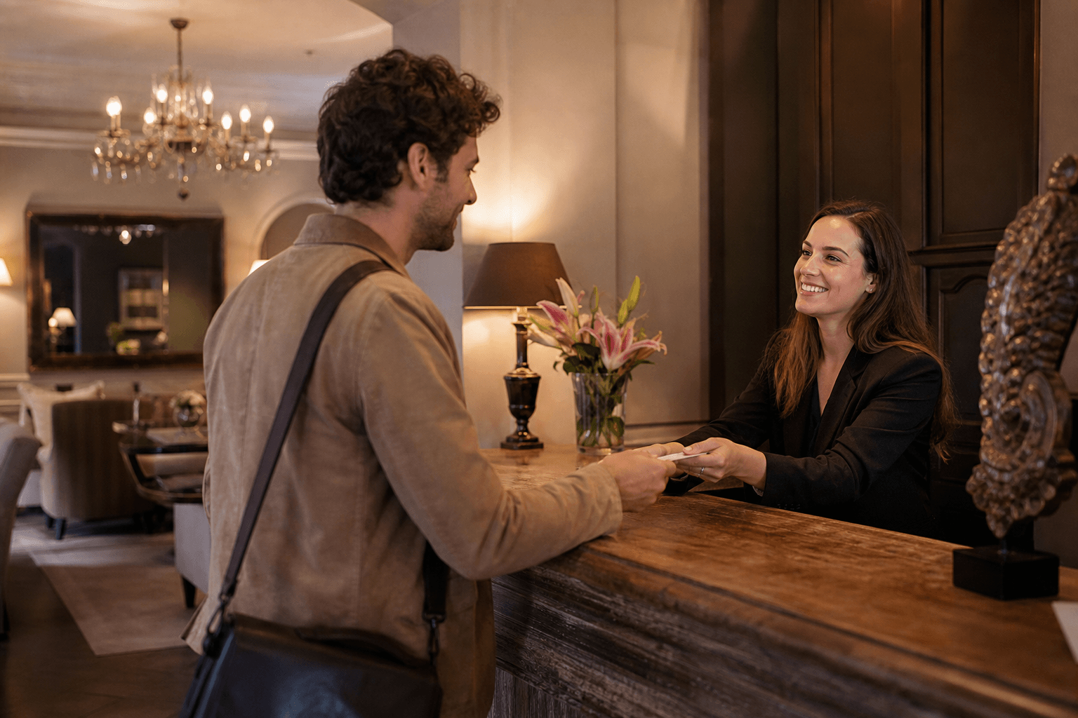 Boutique hotel reception team greeting a guest in an elegant intimate lobby