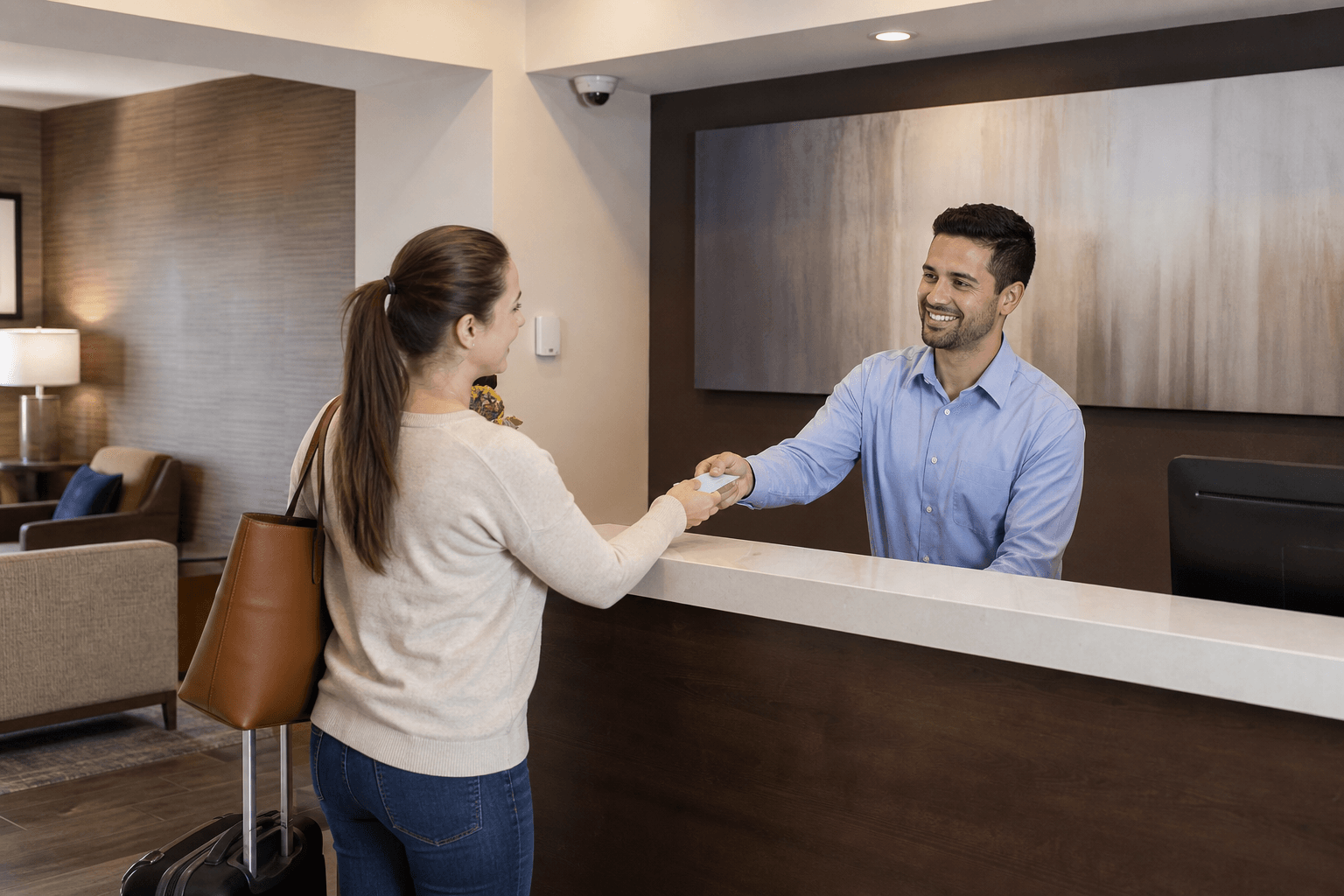 Budget hotel front desk team checking in guests at a clean modern reception