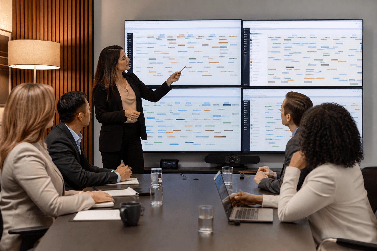 Hospitality group managers reviewing workforce schedules across multiple hotel properties