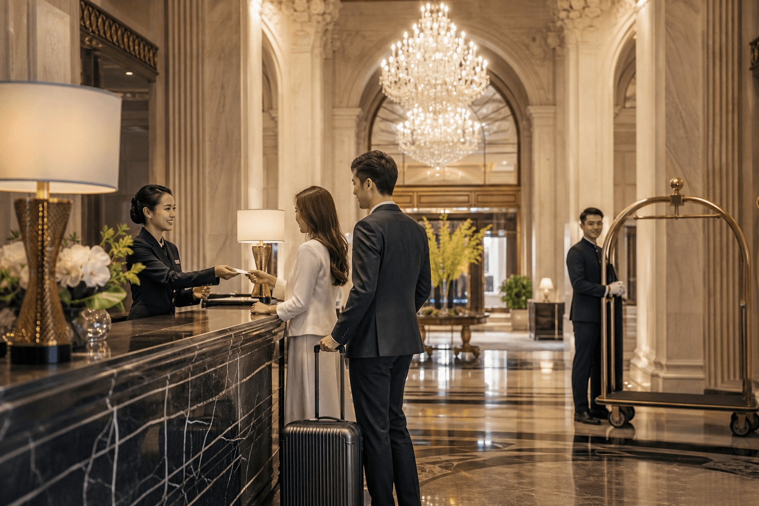 Luxury hotel staff in formal uniforms serving guests in a grand five-star lobby