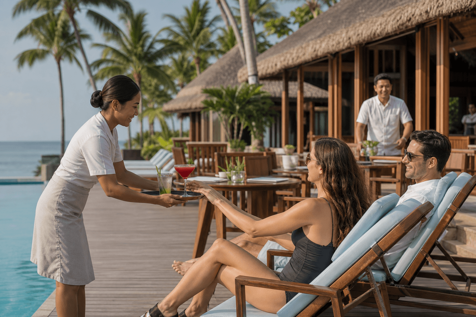 Resort hospitality team serving guests at a luxury beach resort property