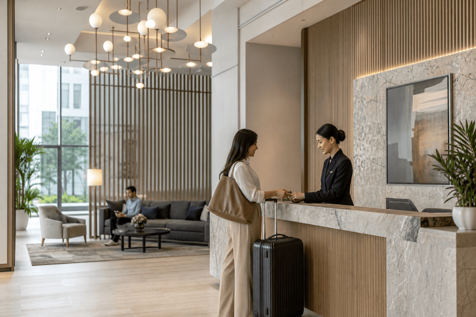 Serviced apartment concierge staff helping a resident with luggage in the lobby