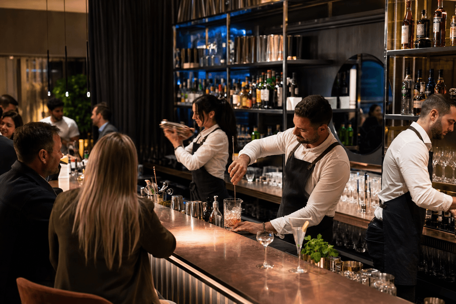 Bar staff preparing drinks and coordinating service behind a modern cocktail bar