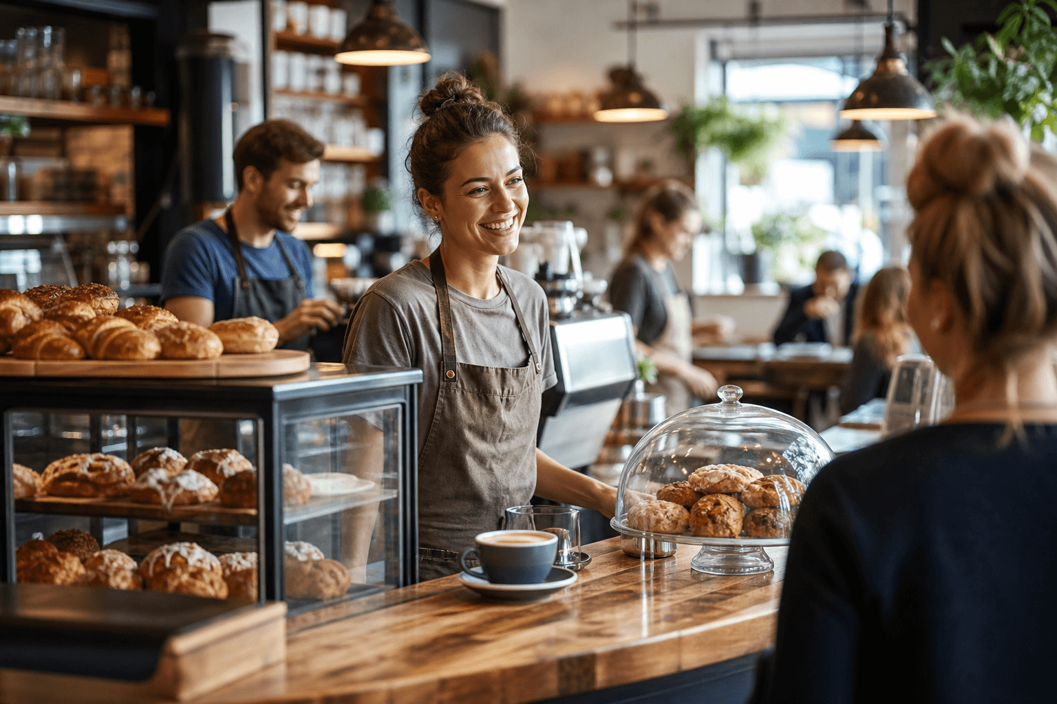 Cafe staff serving customers at a neighbourhood coffee and food counter