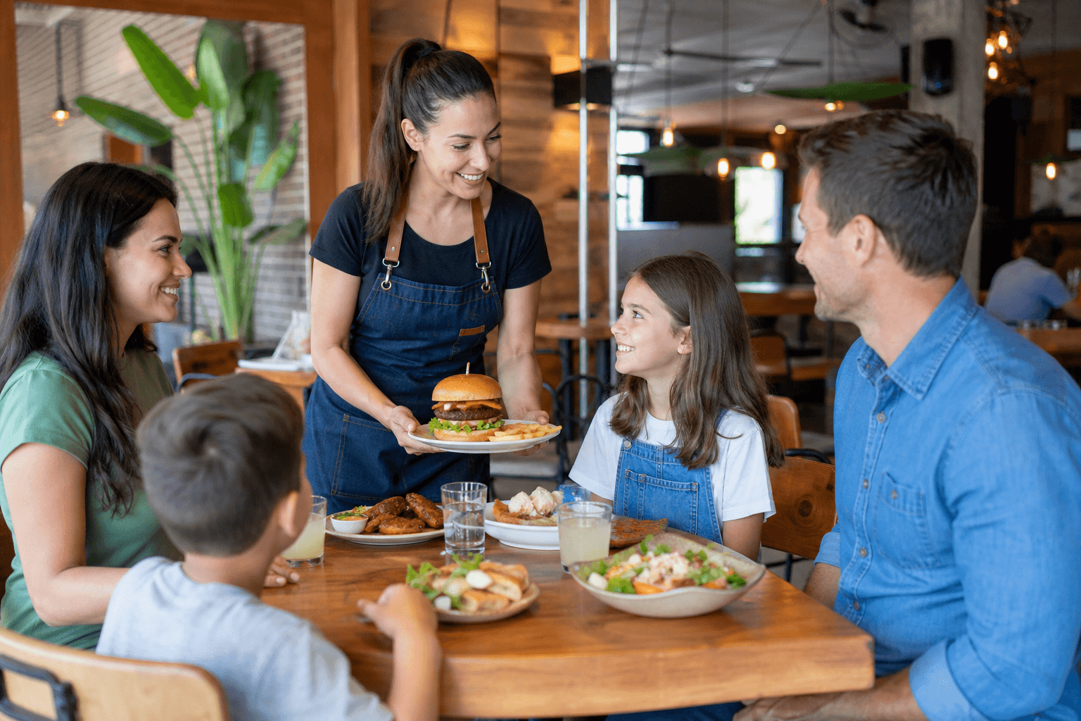 Casual dining restaurant team serving guests in a relaxed dining room