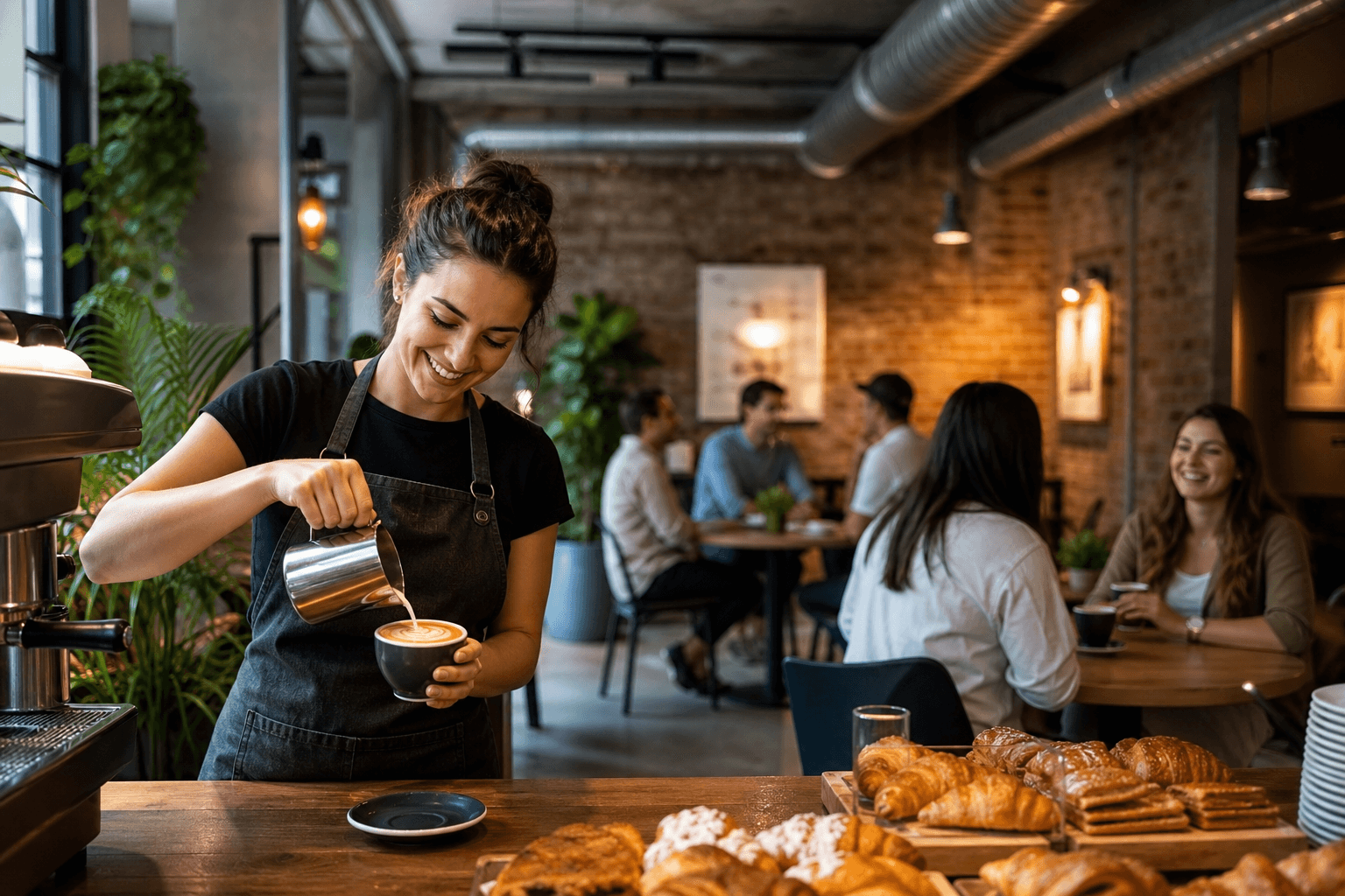 Coffee shop barista preparing drinks with customers at small tables nearby