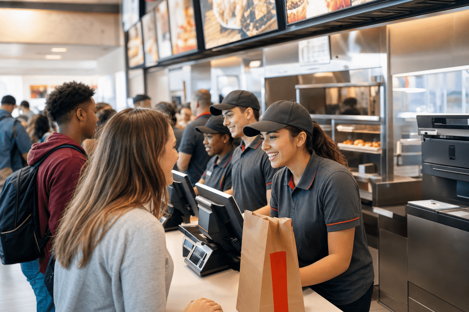 Fast food chain staff working together behind a busy service counter