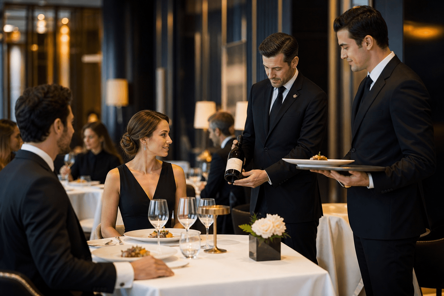 Fine dining restaurant staff preparing an elegant table service