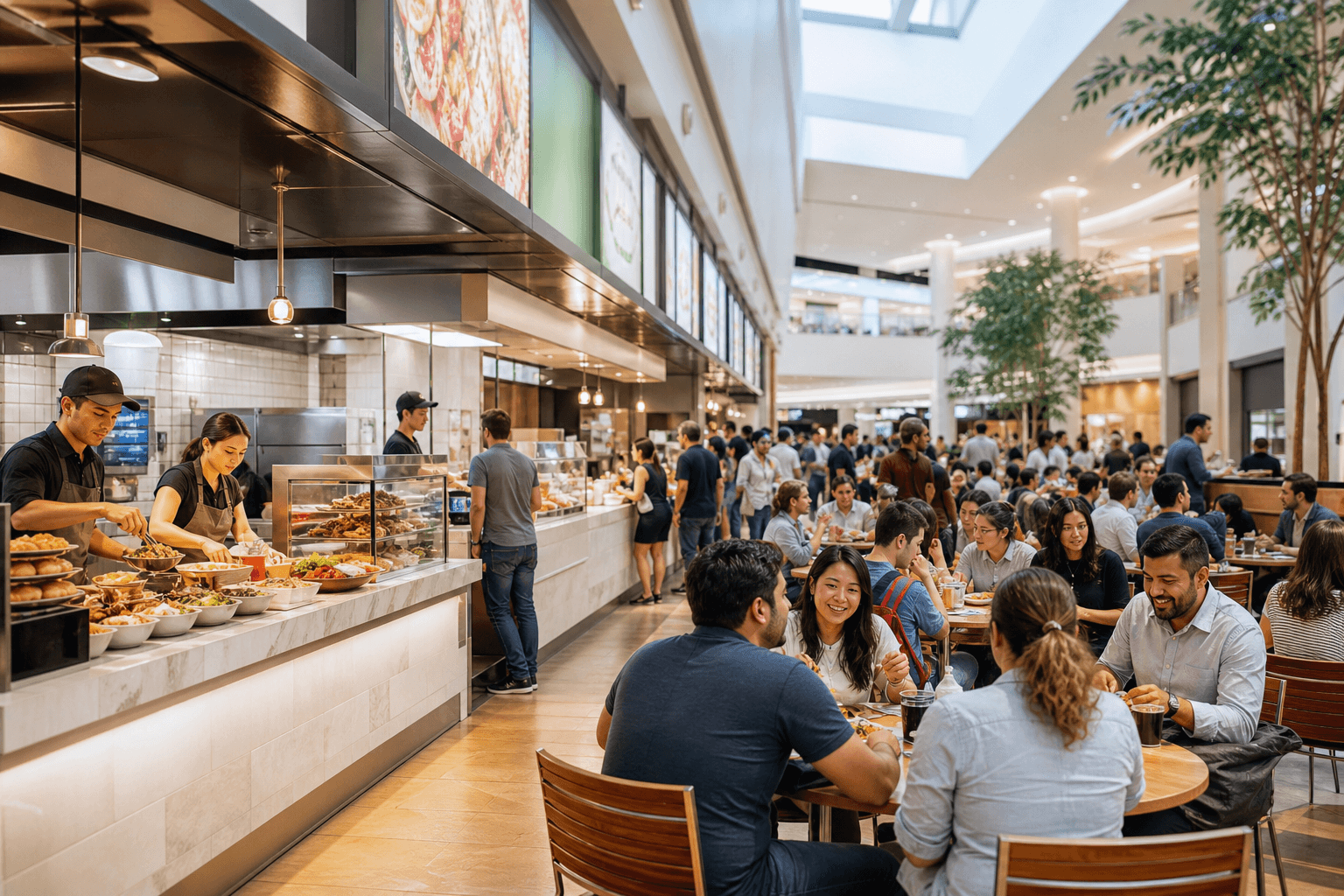Food court staff serving customers at multiple stalls during a busy lunch service