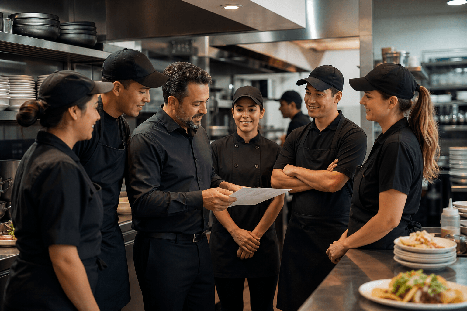Restaurant franchise manager reviewing schedules with a uniformed kitchen team