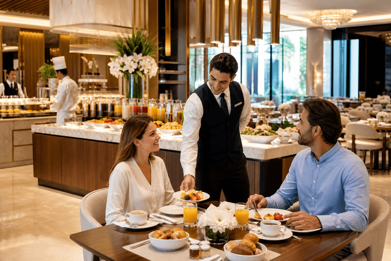 Hotel restaurant team serving guests during breakfast in an upscale dining room