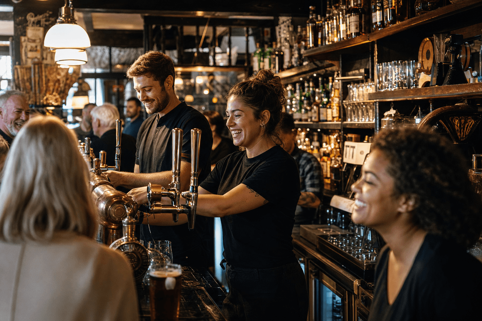 Pub staff team serving customers at a busy traditional UK pub bar