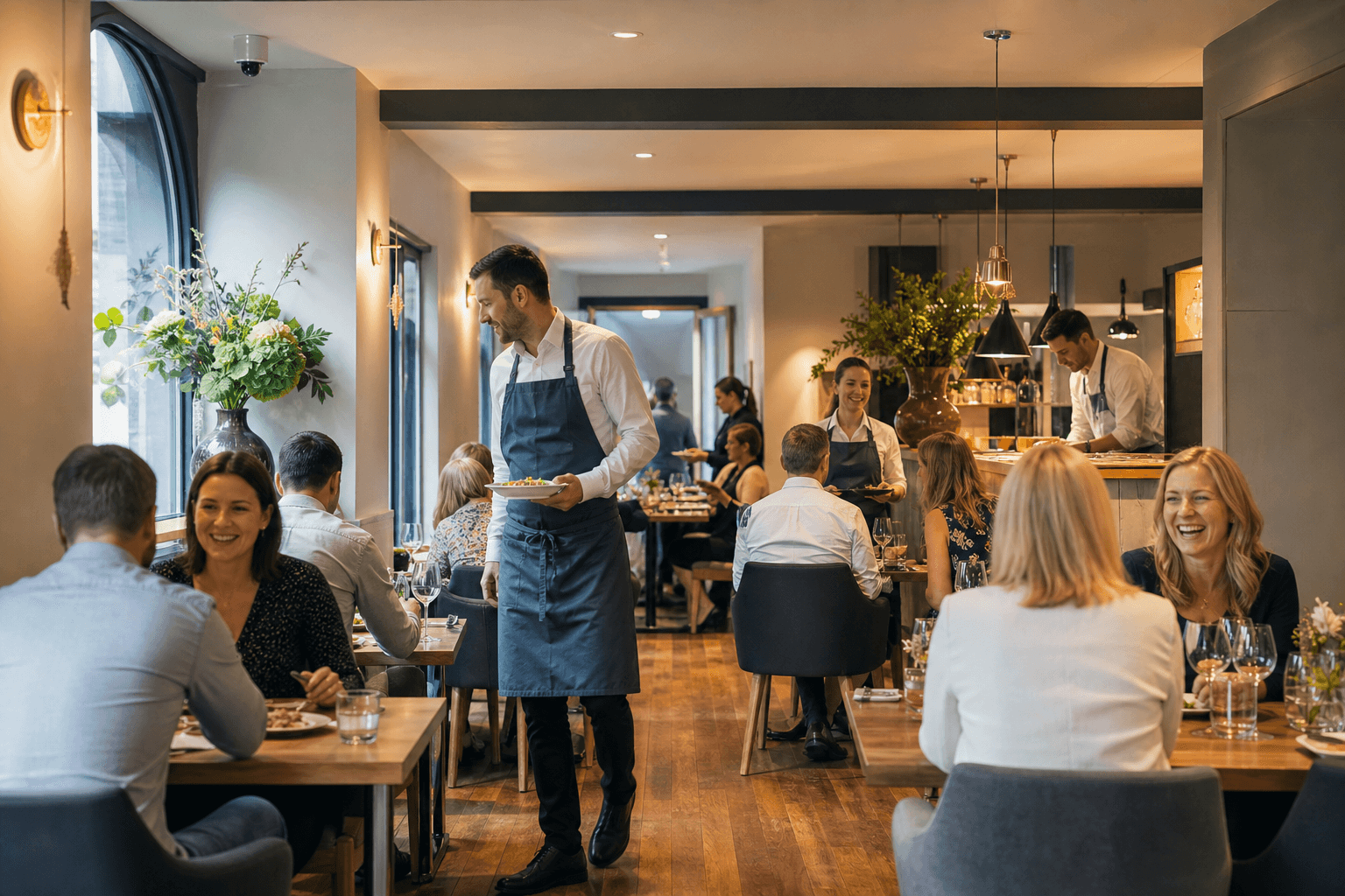Restaurant staff coordinating front-of-house and kitchen service during a busy Birmingham dining service