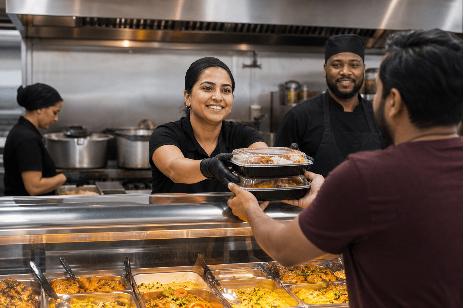 Takeaway food shop staff handing packaged meals to a customer at the counter