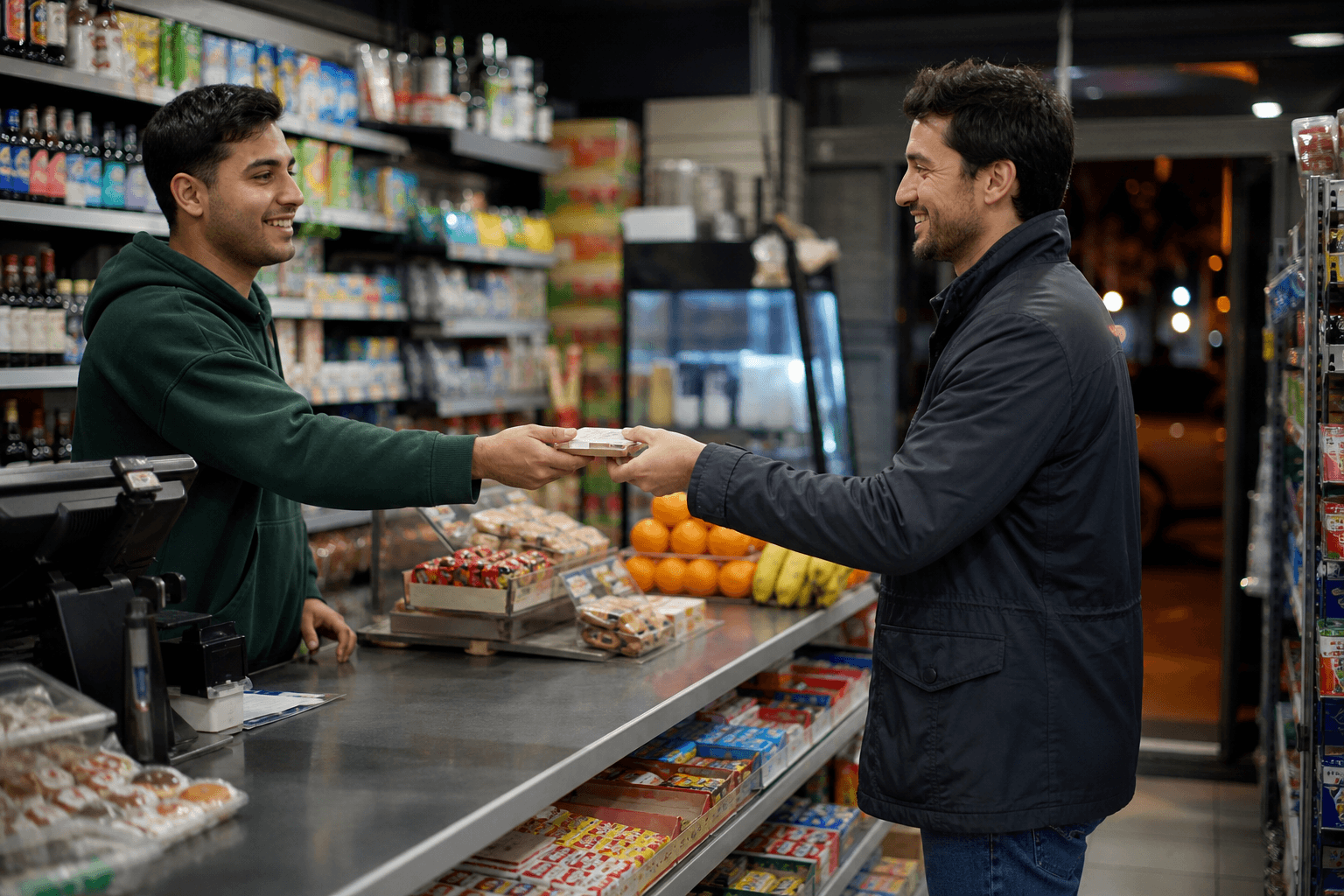 Convenience store staff serving a customer at the shop counter