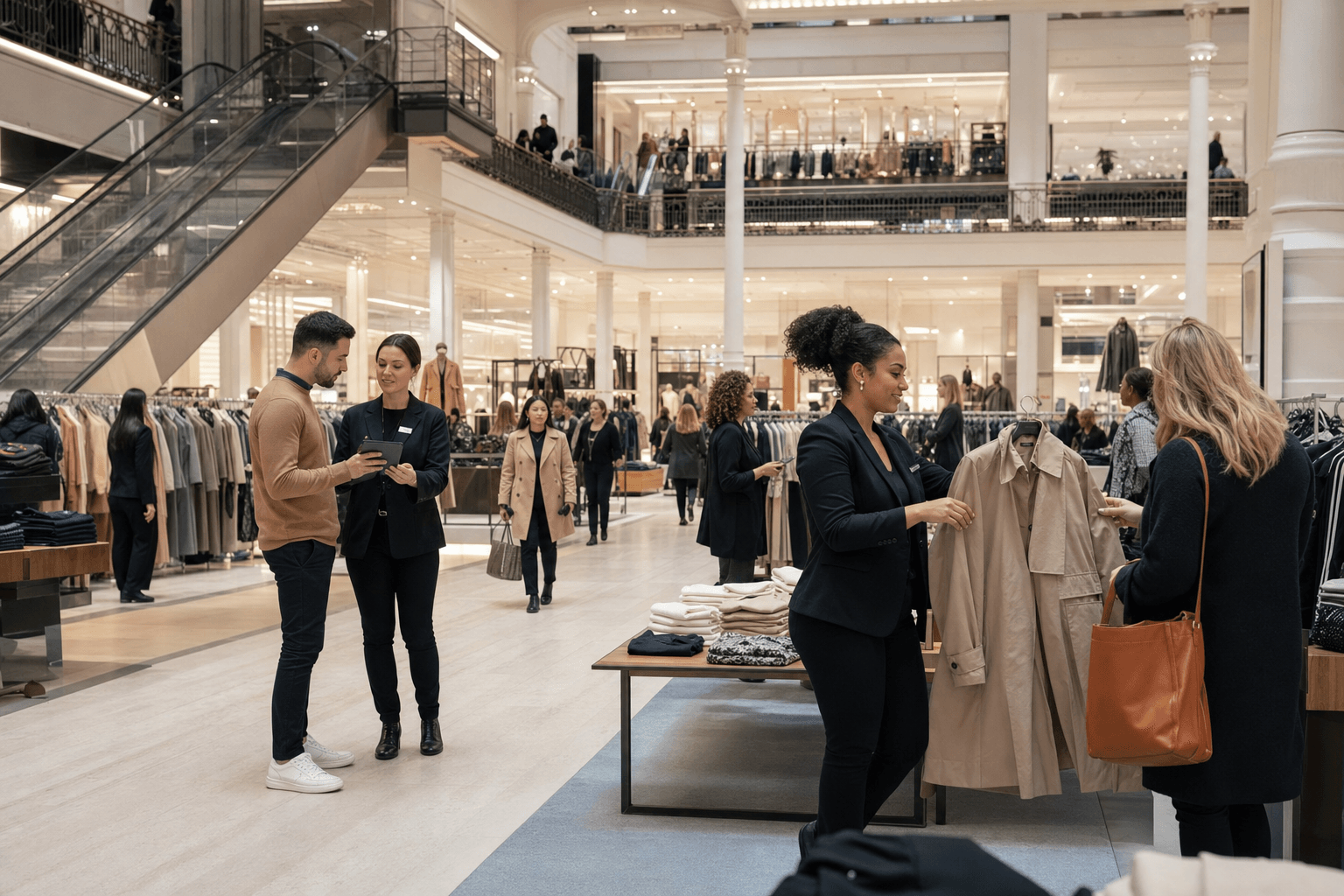 Department store staff helping shoppers on a busy multi-level shop floor