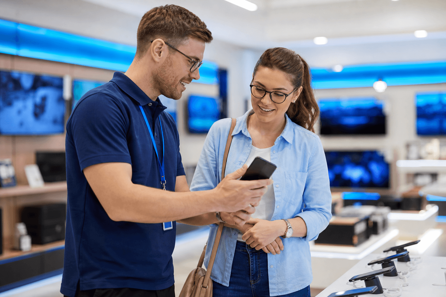 Electronics store staff demonstrating a product to a customer on the shop floor