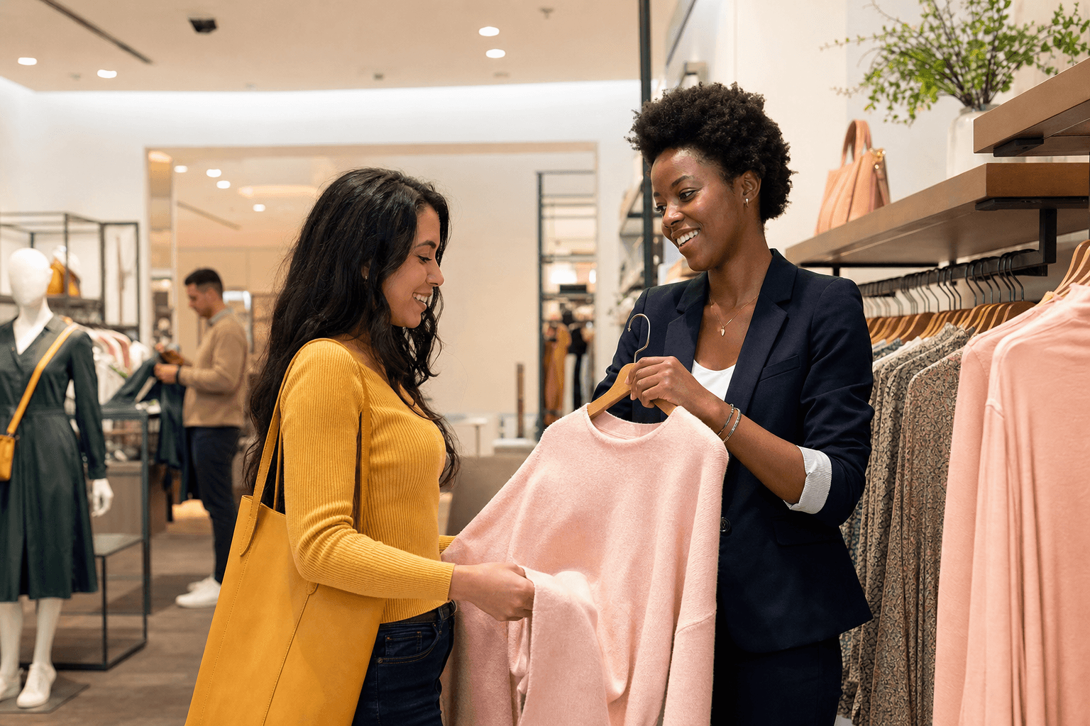 Fashion retail staff helping a customer with clothing in a boutique store