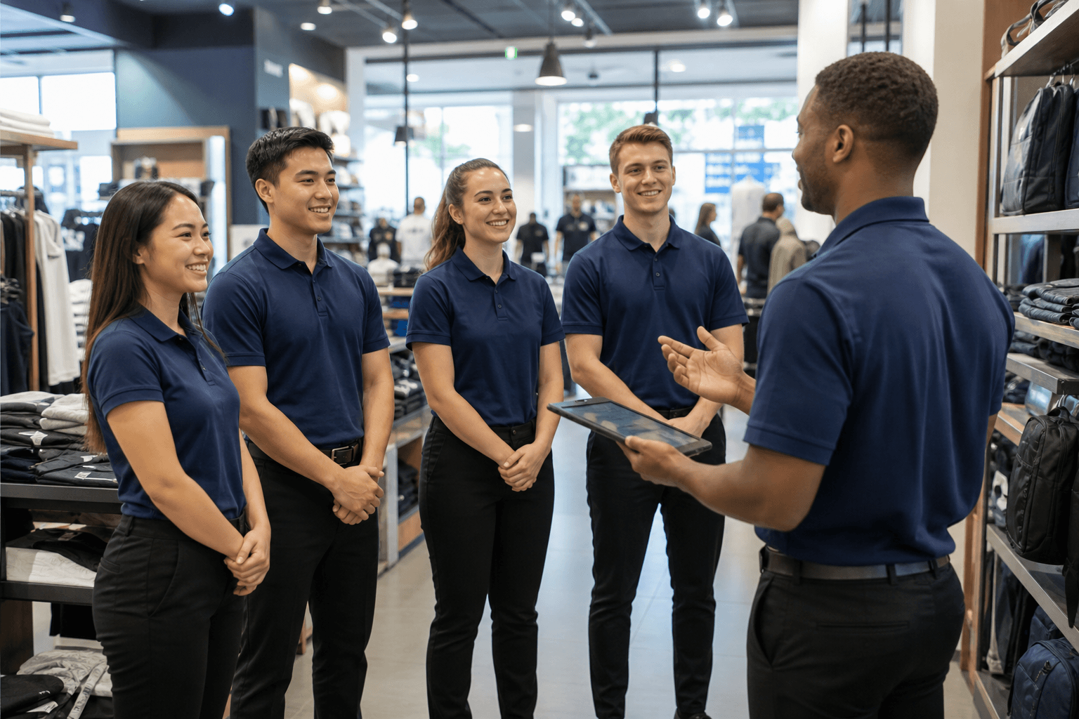 Franchise retail manager training uniformed staff on the shop floor