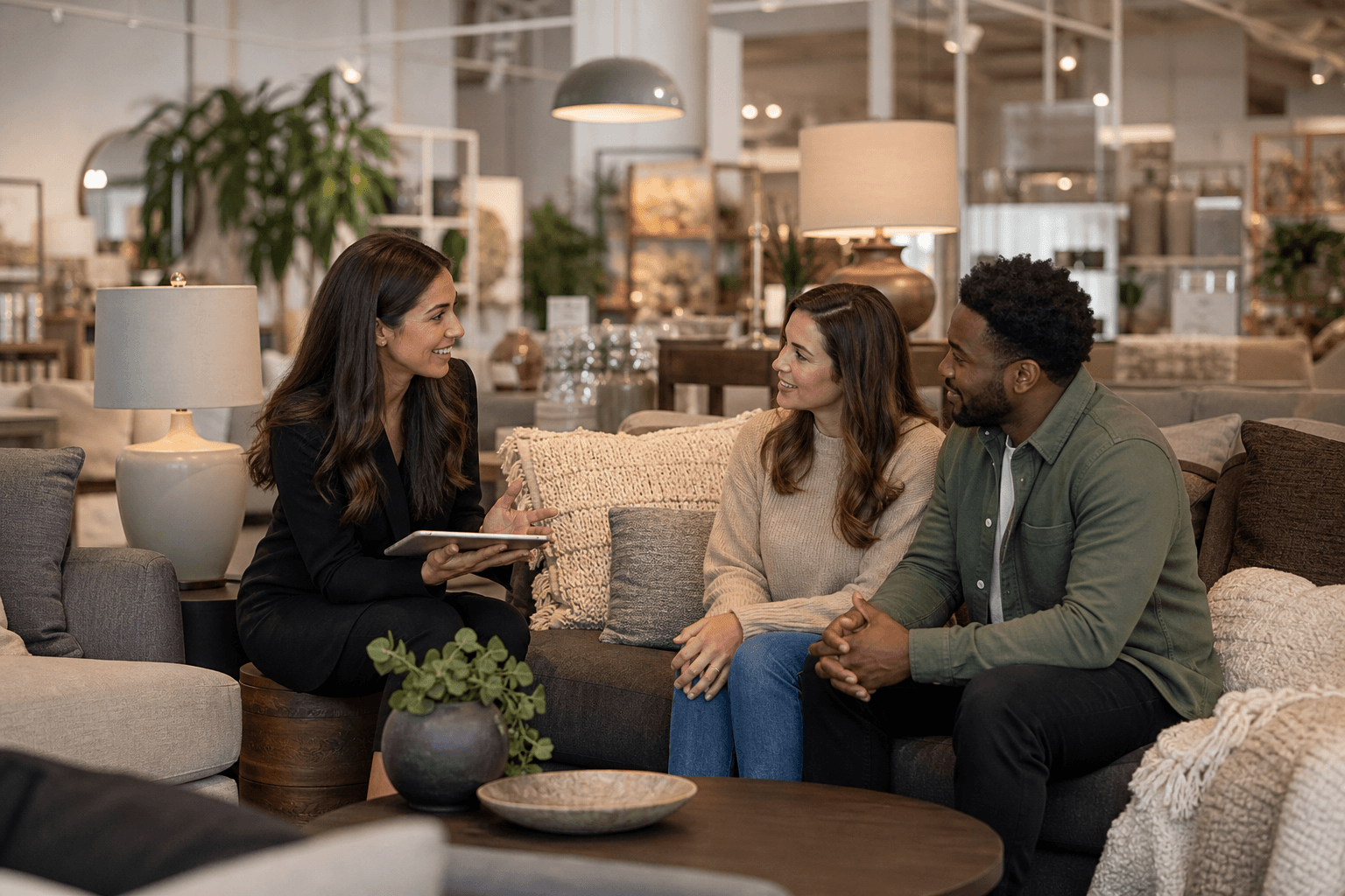 Home and furniture retail staff helping a customer in a furniture showroom