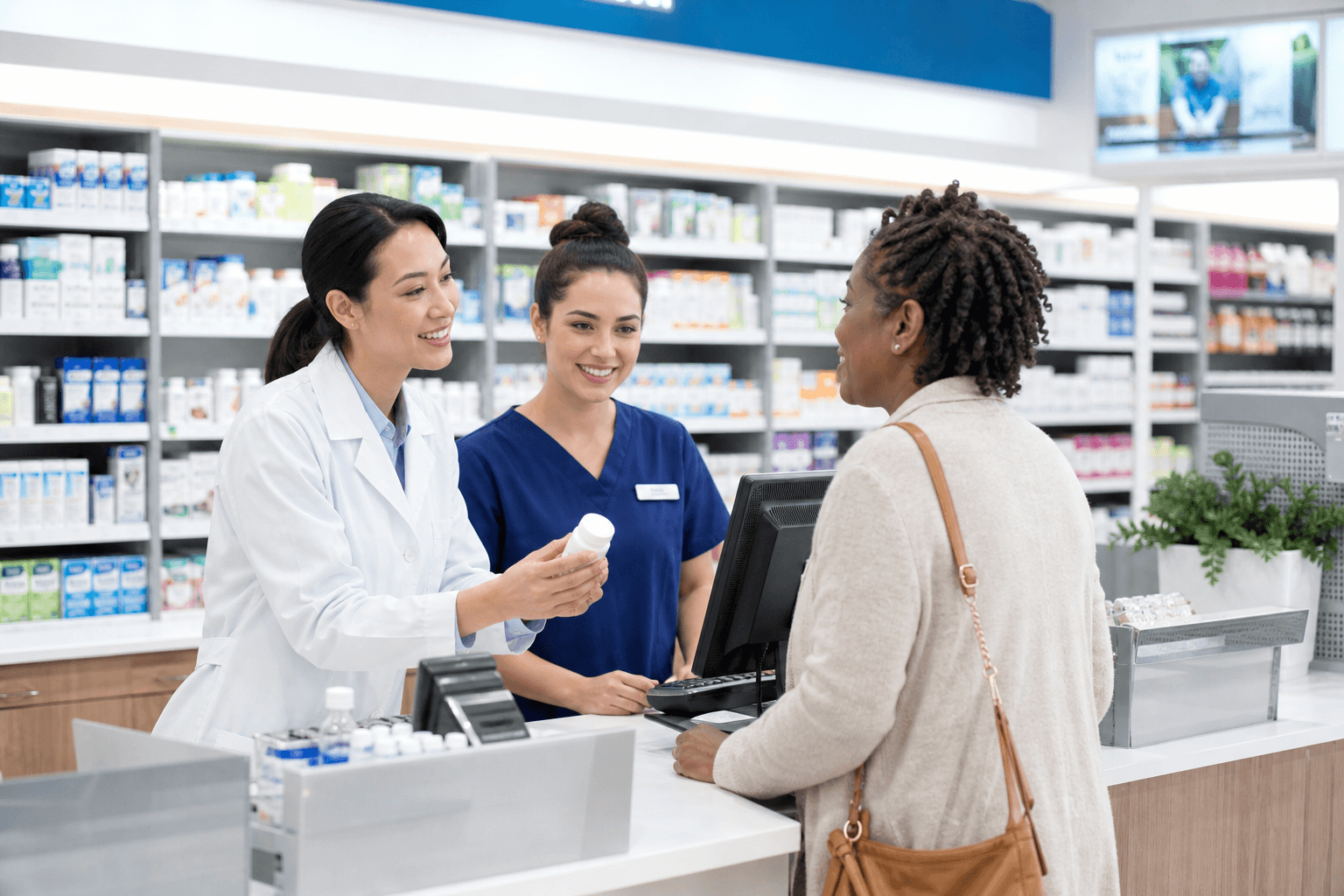 Pharmacy chain staff assisting a customer at the pharmacy counter