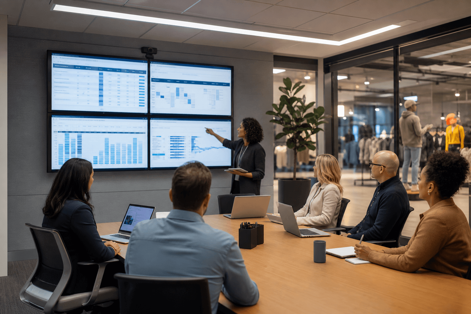 Retail group managers reviewing store schedules across multiple locations