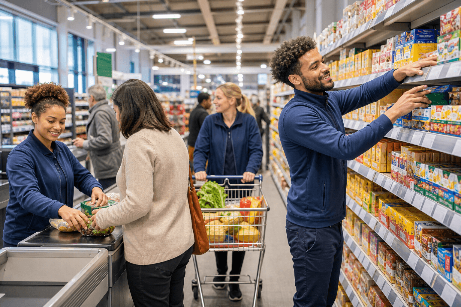 Retail staff stocking shelves and serving customers at a busy Birmingham store