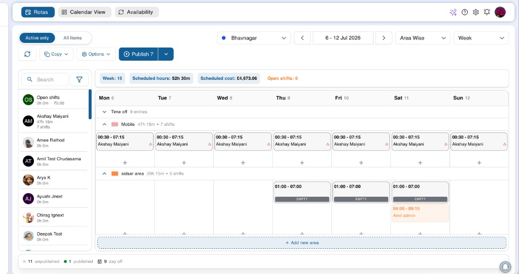 Alphanomic rota scheduling dashboard with weekly shift grid, staff list, labour hours, and publish controls
