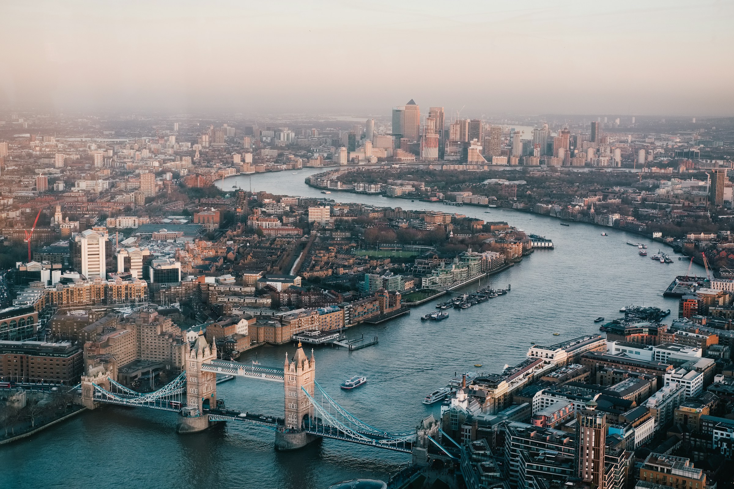 Aerial view of London skyline with the River Thames and city landmarks