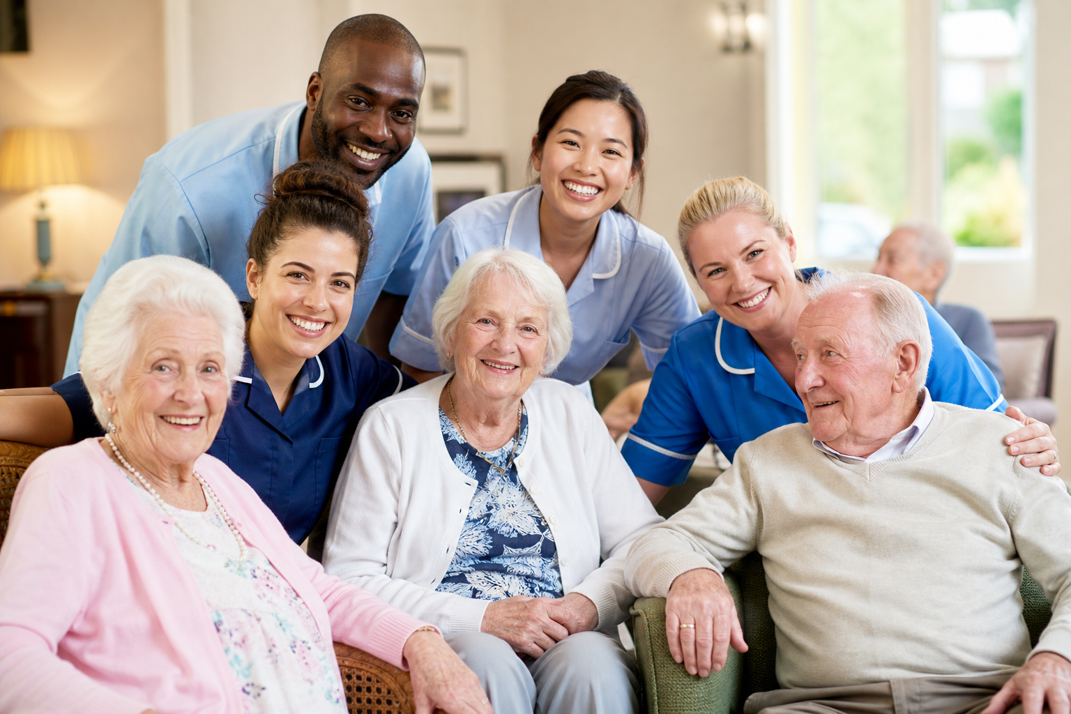 Happy care home staff team of men and women in care uniforms supporting residents in a UK care home